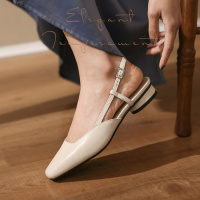 格瑞迪欧 夏季真皮米白色中跟包头凉鞋女仙女风2020年新款中跟方头后空单鞋X300