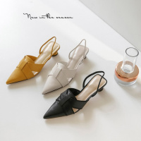 格瑞迪欧 牛皮2020夏季新款尖头园跟交叉带饰包头后绊带小ck一字扣粗跟仙女凉鞋W-001