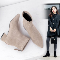 Tianuy 网红瘦瘦靴韩版百搭中跟方根绒面ins圆头磨砂短靴S5802-1