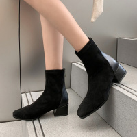 格瑞迪欧中跟短靴女士粗跟弹力靴方头短筒靴子后拉链休闲女靴显瘦靴子177-1