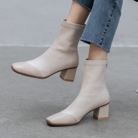 格瑞迪欧瘦瘦靴弹力靴拼接袜靴2020新款百搭真皮细高跟方头短靴单靴x154-1