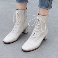 格瑞迪欧英伦风系带真皮马丁靴2020秋冬新款中跟粗跟复古显瘦中筒靴短靴女L157