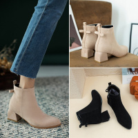 Tiauny马丁女靴2020年英伦风新款早秋款简约尖头中粗跟拼色切尔西短靴女10374-5