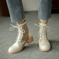 Tiauny马丁靴女小香风2020秋冬新款拼色格子真皮短筒英伦风短靴女A18098-2