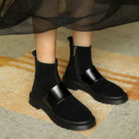 格瑞迪欧 2020年秋冬新款拼色圆头优雅百搭短靴粗跟真皮中跟休闲时装靴女靴J7026