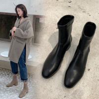 格瑞迪欧网红瘦瘦靴女2020秋季冬季新款方头袜靴粗跟中跟短靴弹力靴子百搭H876