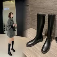 格瑞迪欧过膝靴女2020年秋季新款英伦风长筒后系带圆头粗跟显瘦高筒弹力靴M8823