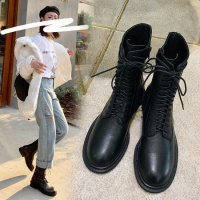 格瑞迪欧欧洲站真皮长靴女冬黑色高筒靴系带中筒马丁靴机车短靴绑带靴子M1869