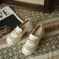 Tiauny英伦风厚底小皮鞋新款粗跟链条单鞋高跟懒人鞋396-1A