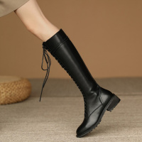 格瑞迪欧女靴2021年秋冬新款气质百搭粗跟系带时装靴女时尚优雅显瘦长筒靴女鞋3819