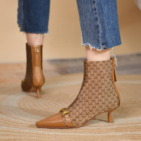 格瑞迪欧高跟短靴女2021秋冬季新款细跟女靴扣复古时装靴时尚及踝靴6827