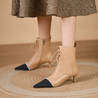 格瑞迪欧粗跟中筒靴女尖头高跟系带马丁靴女骑士靴时尚气质短靴女靴时装靴9226