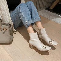 格瑞迪欧女靴英伦风金属扣百搭短靴女2021年秋冬季新款尖头细跟气质超高跟鞋3769