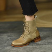 格瑞迪欧潮流高端马丁靴2021拼接飞织短靴女绑带圆头平底简约款瘦瘦弹力靴Z028