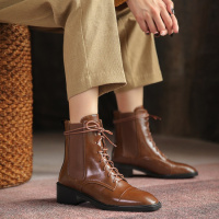 格瑞迪欧方头短靴女春秋单靴子瘦瘦靴短筒粗跟女靴新款马丁靴7301