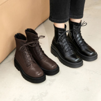 Tiauny 圆头新款休闲女靴交叉系带后拉链舒适短靴女厚底粗跟大小码短靴女994