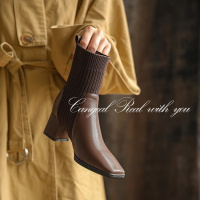 Tiauny 女鞋粗跟短靴女中跟瘦瘦靴女鞋新品马丁靴998