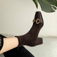 Tiauny2021秋冬新款粗跟中跟气质方头法式小短靴女弹力瘦瘦靴998-2