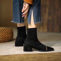 格瑞迪欧 真皮低跟尖头女鞋2022秋冬季粗跟侧拉链百搭复古女靴子弹力小短靴M7255