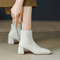 格瑞迪欧 牛皮瘦瘦靴子2022韩系方头复古法式小踝靴切尔西靴后拉链低跟马丁靴女M7282