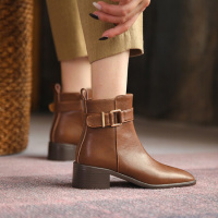 格瑞迪欧 牛皮韩国小众设计方头粗跟短靴2022中跟英伦弹力靴瘦瘦靴裸靴子女单靴M7299