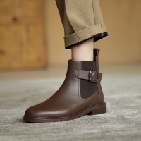 格瑞迪欧 牛皮自留款!巨舒服真皮小众方头英伦中跟短靴棕色粗跟瘦瘦靴女弹力靴X7046