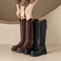格瑞迪欧 牛皮2022年秋季松糕厚底圆头不过膝长靴女小粗腿显瘦长筒骑士靴瘦瘦靴7592