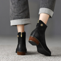 格瑞迪欧 牛皮显腿长~法式复古短靴女秋冬磨砂真皮中粗跟及踝靴V口西部靴C24