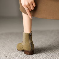 格瑞迪欧 牛皮加绒女士高跟鞋切尔西靴皮鞋粗跟短筒靴子女鞋新品春秋季C38