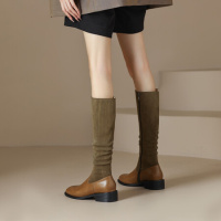 格瑞迪欧 牛皮2022秋冬靴子小个子中筒靴长筒女靴粗跟高筒弹力瘦腿女靴D16