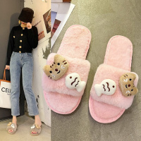 Tiauny 静可爱小猫装饰软底一字露趾拖鞋女少女心韩版暖和棉拖鞋L711