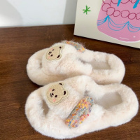 Tiauny 静时尚百搭交叉一字拖可爱棉拖休闲厚底外穿毛毛拖鞋可爱小熊鞋F09