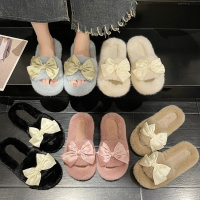 Tiauny 静秋冬季新款奶呼呼蝴蝶结可爱温柔仙女风一字棉拖鞋K31