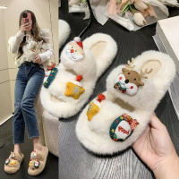 Tiauny 静卡通圣诞休闲秋冬季设计感可爱一字拖毛绒绒居家外穿毛毛拖鞋D61