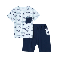 纤丝鸟儿童短袖套装男中大童夏季纯棉迷彩T恤休闲短裤 蝙蝠口袋