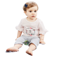 纤丝鸟儿童短袖套装女童夏季纯棉百搭T恤休闲短裤 横条花