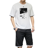 IKOPPOI 2019夏季新款男士短袖套装宽松五分袖印花潮牌 TX961-7