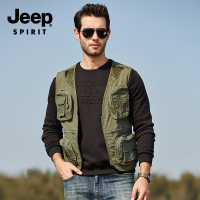 JEEP吉普多口袋马甲中年男士薄款坎肩爸爸装春夏钓鱼摄影休闲无领马甲户外旅游大码修身帅气男装