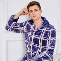 雪仙丽睡衣男秋冬季加厚保暖法兰绒男士格子冬天珊瑚绒家居服套装