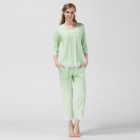 雪仙丽新品睡衣女长袖蕾丝边纯色春夏天衫女休闲家莫代尔居服套装