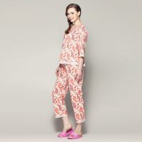 雪仙丽莫代尔棉睡衣春季印花蕾丝花边v领七分长袖居家服套装宽松