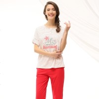 雪仙丽新睡衣女夏天纯棉条纹短袖七分裤可爱女款全棉春夏季家居服