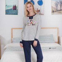 雪仙丽新款春季情侣睡衣长袖纯棉圆领休闲宽松全棉男女家居服套装