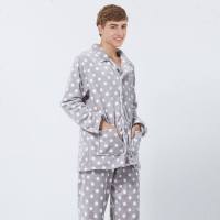 雪仙丽新款加厚珊瑚绒睡衣男秋冬季开衫长袖大码法兰绒家居服套装