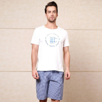 雪仙丽男士睡衣夏短袖格纹圆领休闲睡衣夏季家居服套装男士睡衣夏