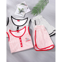 雪仙丽女士睡衣夏背心条纹休闲圆领睡衣夏季家居服套装女士睡衣夏