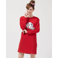 雪仙丽红色睡衣女本命年秋冬舒适圆领可爱卡通家居睡裙