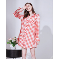 雪仙丽女士睡衣春夏长袖V领翻领秋季睡衣家居服女士家居睡裙