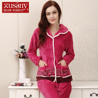 雪仙丽女士睡衣秋冬长袖珊瑚绒翻领开衫睡衣家居服女款套装