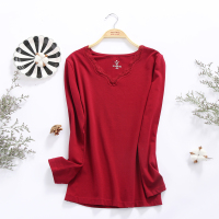 雪仙丽女士睡衣秋冬长袖V领蕾丝边女款保暖内衣单件上衣